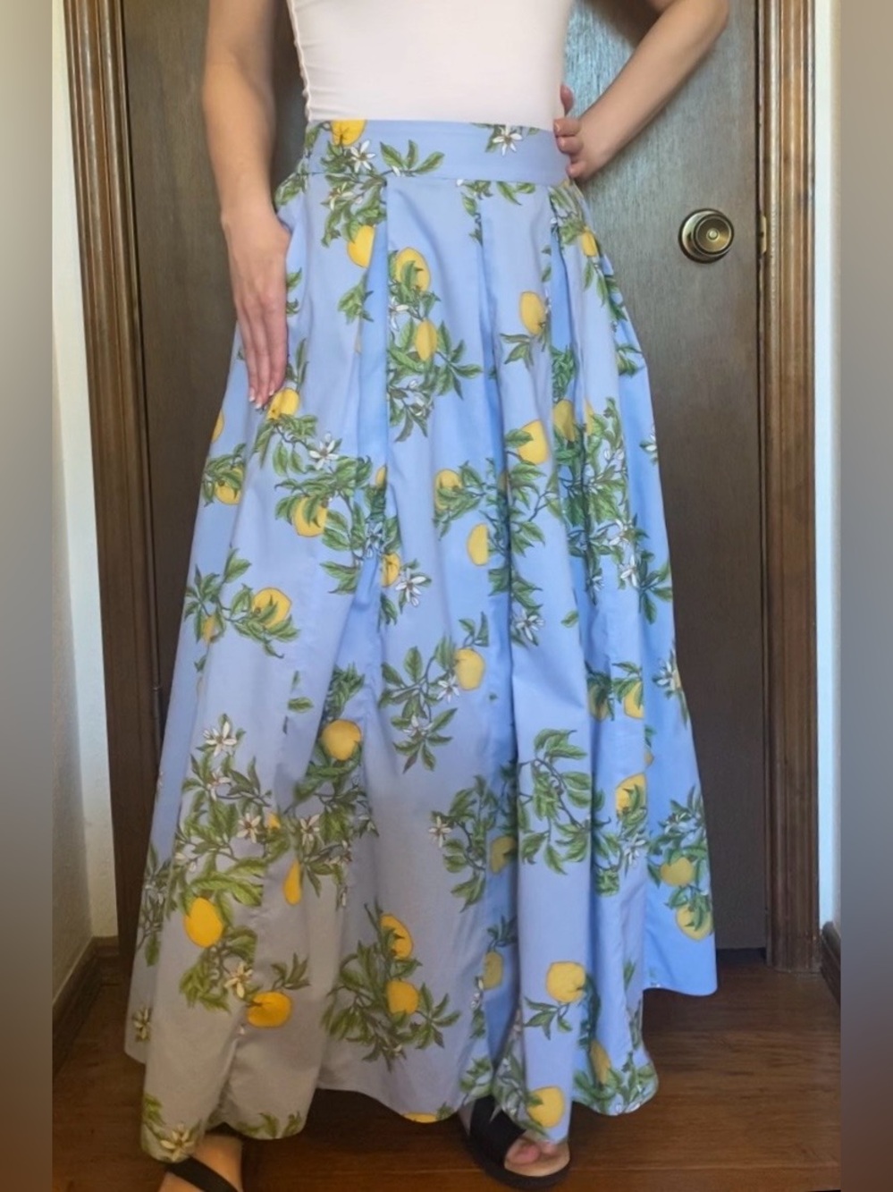 100% cotton (with pockets!) Lands' End Powder Blue Lemon-Print Maxi Skirt - Picture 4 of 8